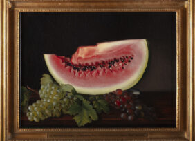Realistic oil painting of a watermelon and grapes, with dramatic lighting to emphasize the colorful fruits.