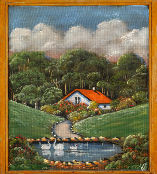 A wooden framed window screen, painted with a pastoral scene which features a red roof bungalow set back in the woods.A winding path in front of the cottage bungalow leads to a pond in the foreground where three swans swim. The blue sky and puffy clouds hug the top of the tree-line and rise up to upper the edge of the frame.